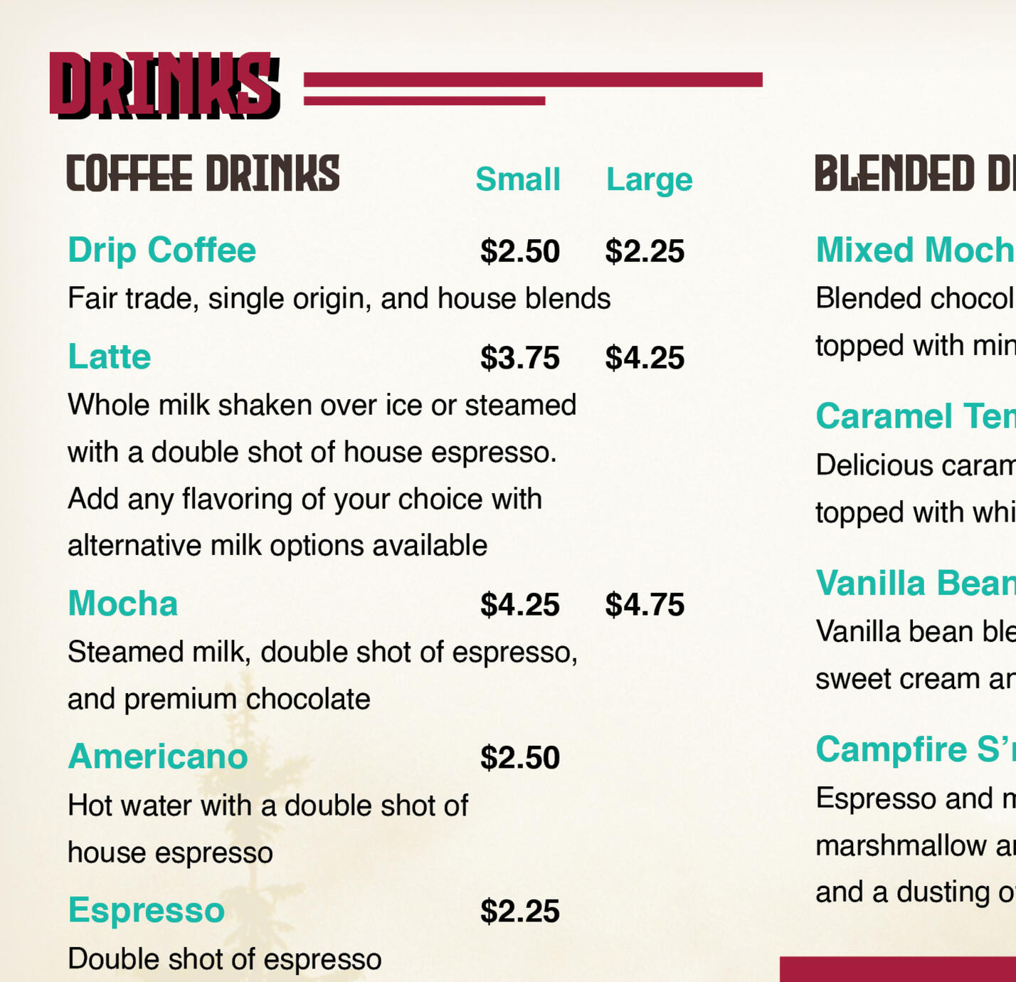 Coffee Garage Menus